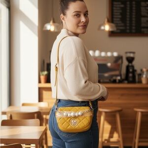 NWT Badgley Mischka Yellow Crossbody Bag with Pearl Accent